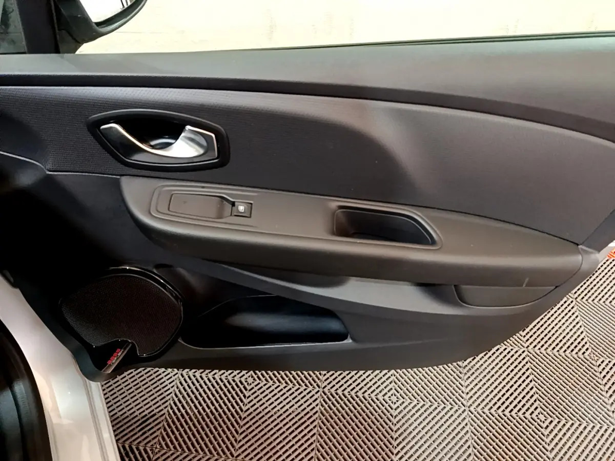 Vue rapprochée de la porte avant gauche de la Renault Clio Business gris clair, avec poignée et commande de vitre noire.