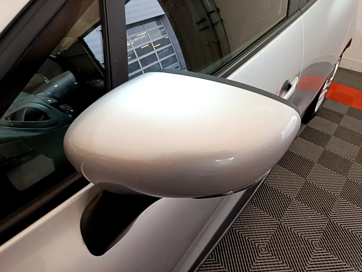 Rétroviseur côté gauche gris clair d'une Renault Clio Business TCe 90 2019, vue rapprochée en intérieur.