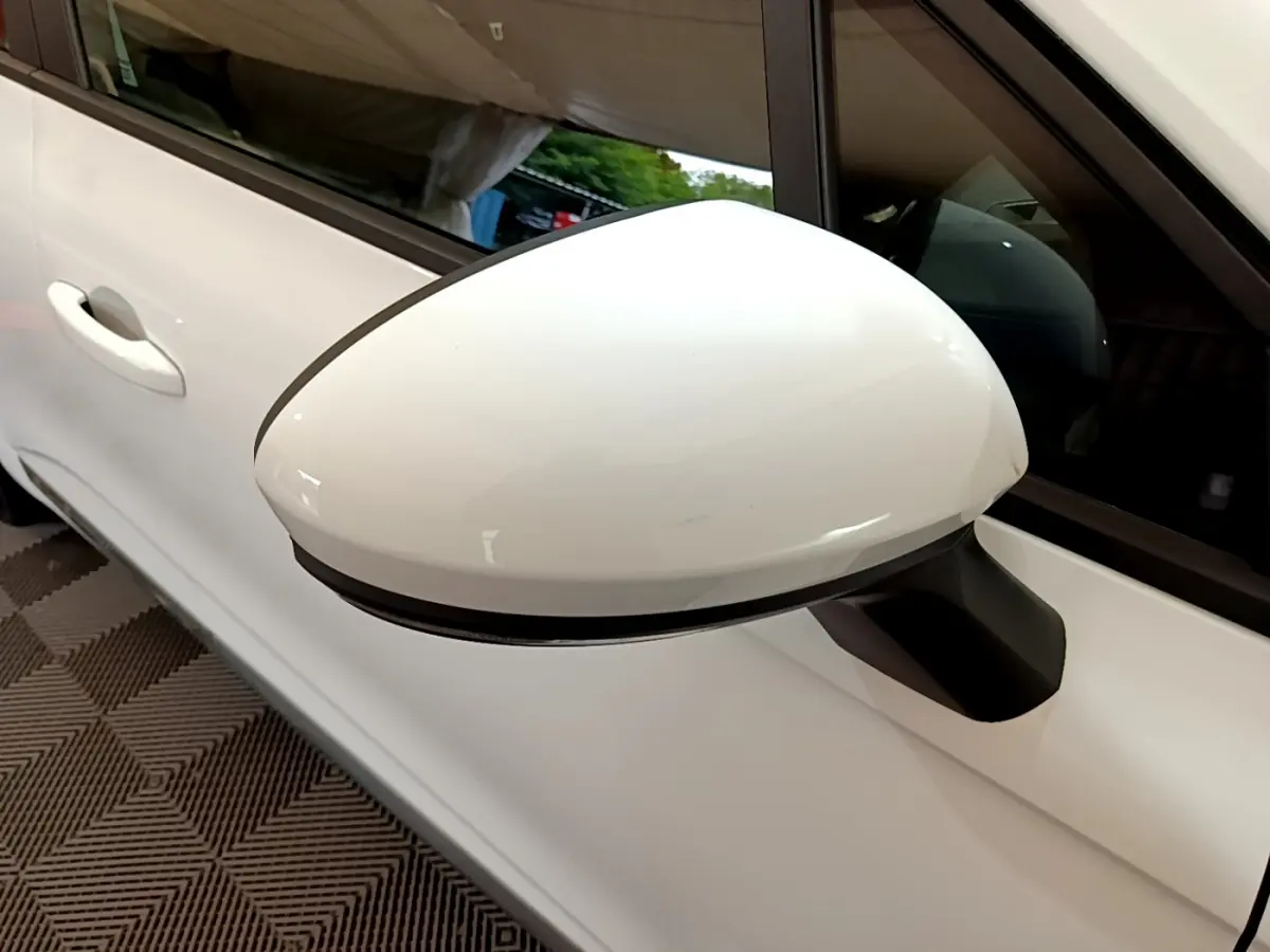 Rétroviseur blanc côté gauche en gros plan sur Renault Clio Business TCe 100 essence de 2020, vue partielle de la porte.