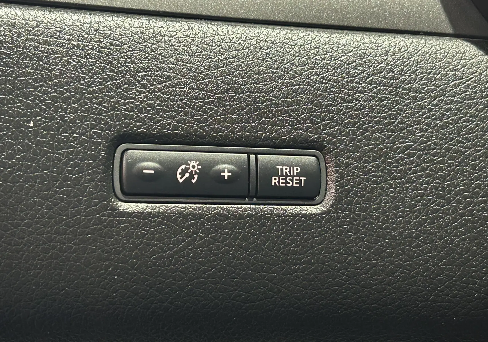 Boutons de réglage du régulateur de vitesse et de remise à zéro du compteur sur tableau de bord noir d'une Nissan Pulsar gris 2018.