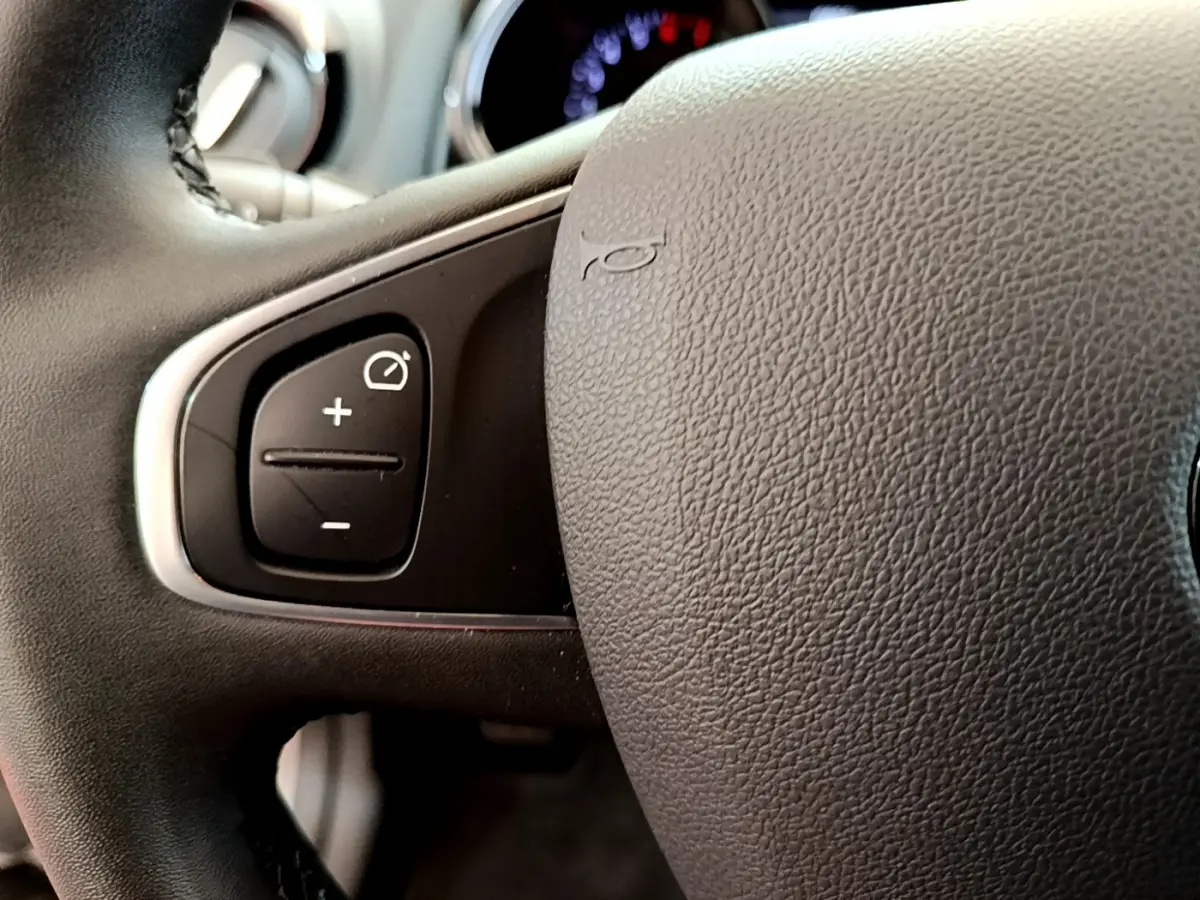 Gros plan sur les commandes de régulateur de vitesse à gauche du volant cuir d'une Renault Clio Business gris clair 2019.