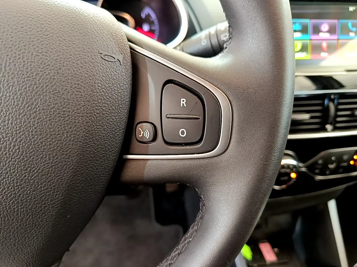 Gros plan sur le volant cuir noir de la Renault Clio Business TCe 90, avec commandes vocales et tableau de bord tactile en arrière-plan.