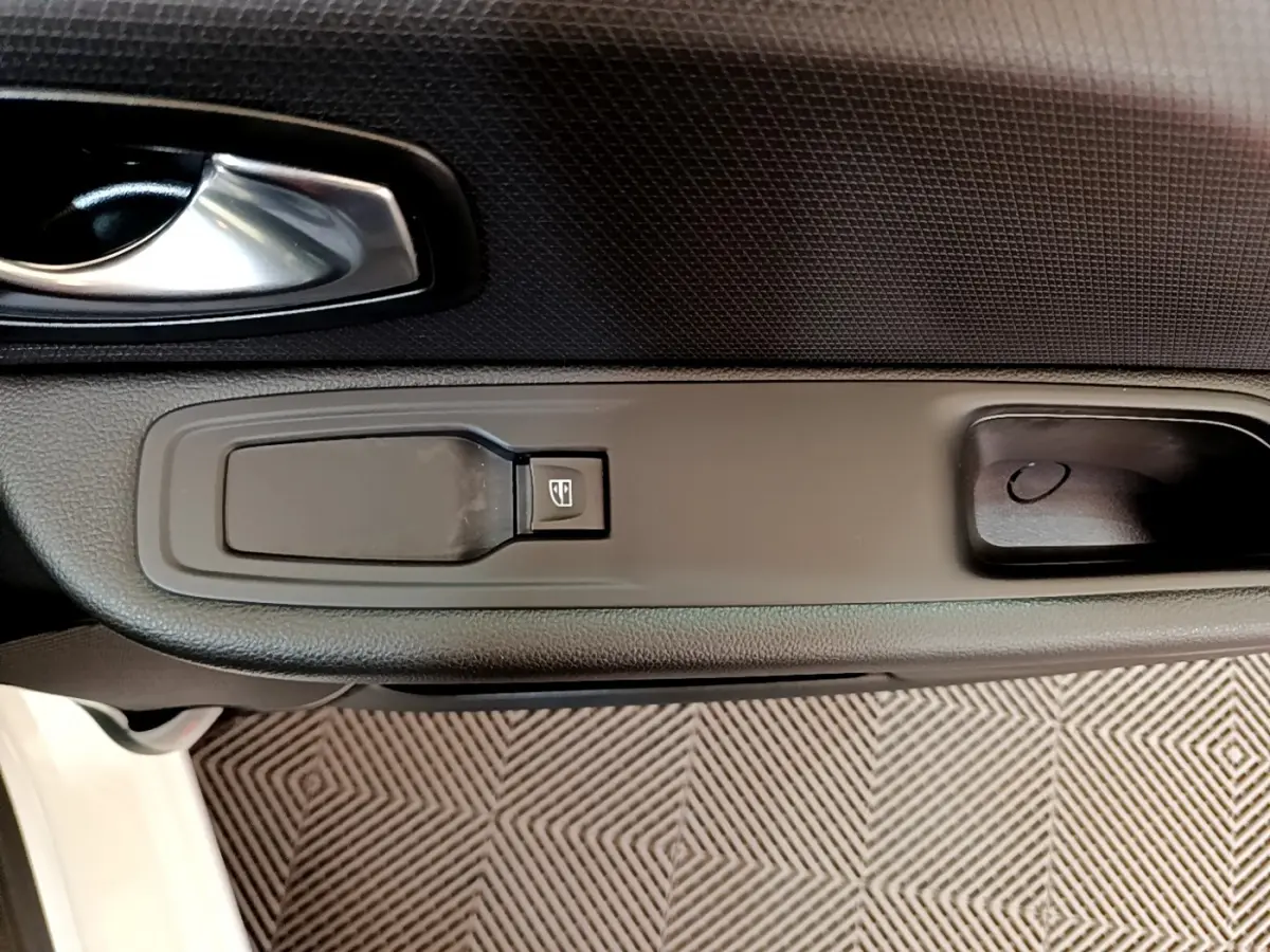 Gros plan sur la poignée intérieure et le bouton de lève-vitre côté gauche d'une Renault Clio Business blanche.