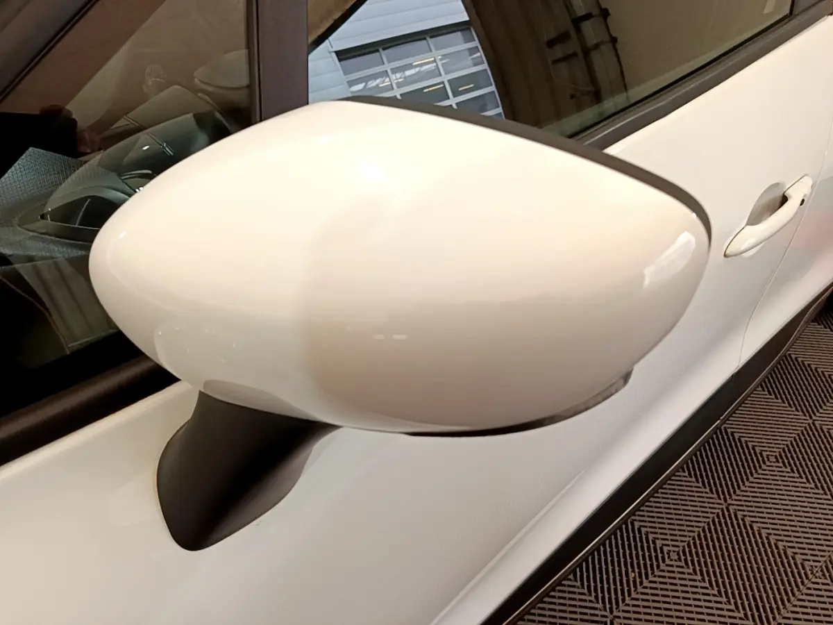 Rétroviseur côté gauche blanc de Renault Clio Business TCe 90 2019, avec poignée de porte visible en arrière-plan.