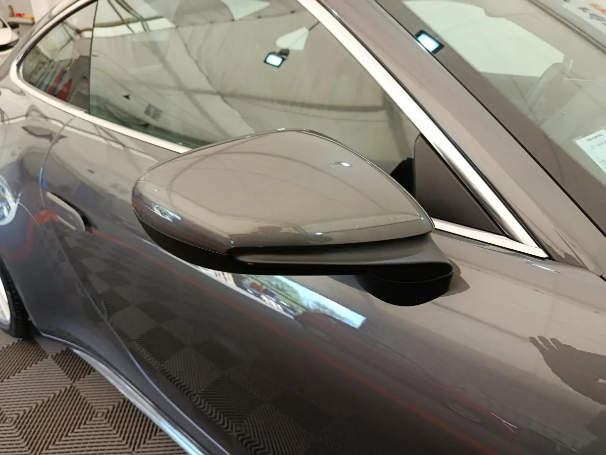 Gros plan sur le rétroviseur côté gauche d'une Porsche 911 Carrera 4S Coupé gris foncé 2019.