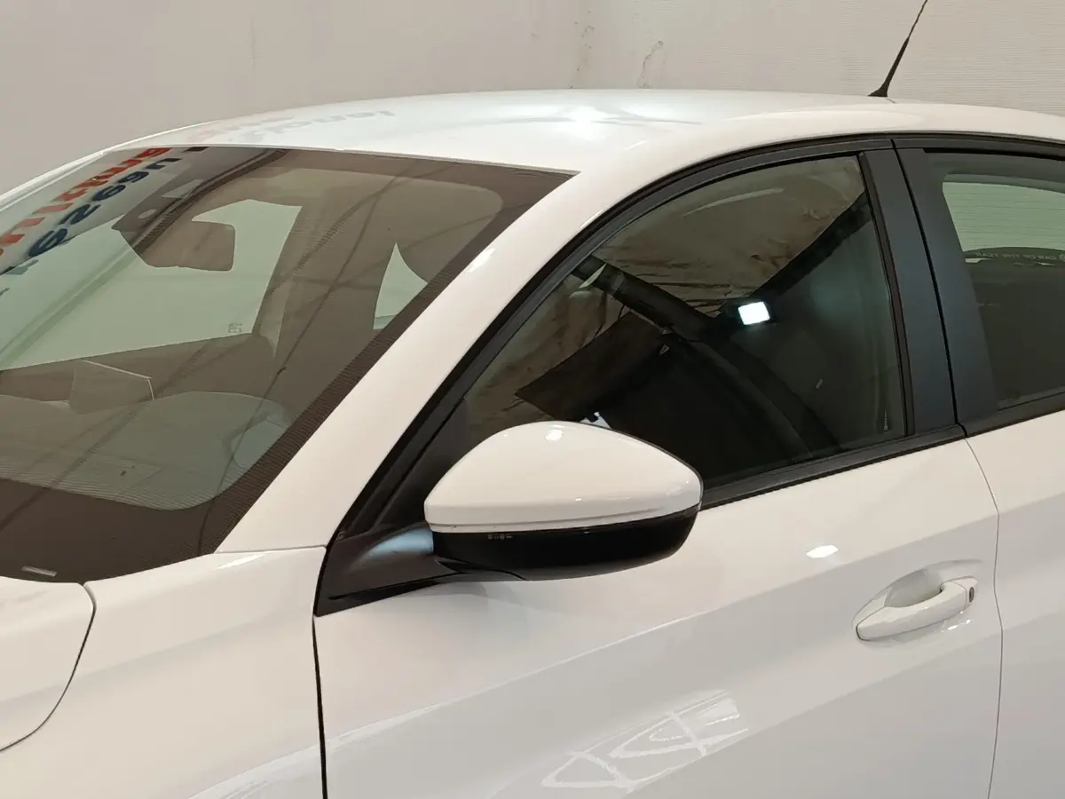 Vue rapprochée du côté gauche avant d'une Peugeot 208 blanche, mettant en valeur la portière et le rétroviseur.