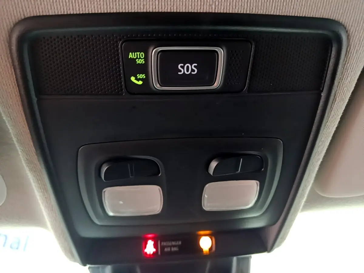 Vue en gros plan du plafonnier intérieur avec bouton SOS et éclairages dans une Renault Clio Business blanche.