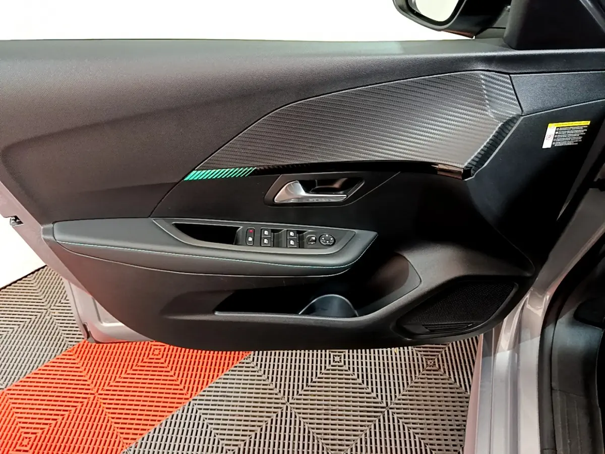 Vue intérieure côté gauche de la porte avant gris clair de la Peugeot 208 avec insert décor carbone et commandes électriques.