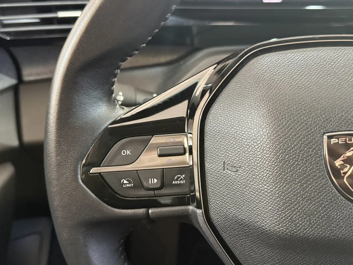 Gros plan sur le volant cuir noir de la Peugeot 308 bleu, avec commandes multifonctions à gauche visibles.