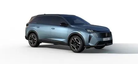 Peugeot 5008 bleu Ingaro en 3/4 avant droit, SUV hybride 2025 avec jantes noires et toit panoramique.