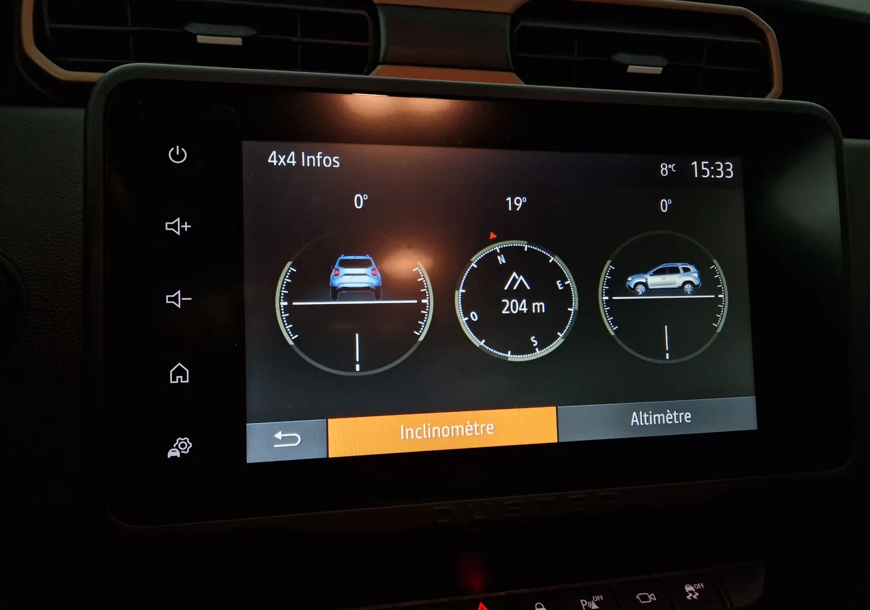 Écran tactile du tableau de bord du Dacia Duster 2024 affichant l'inclinomètre et altimètre avec icônes du véhicule blanc.