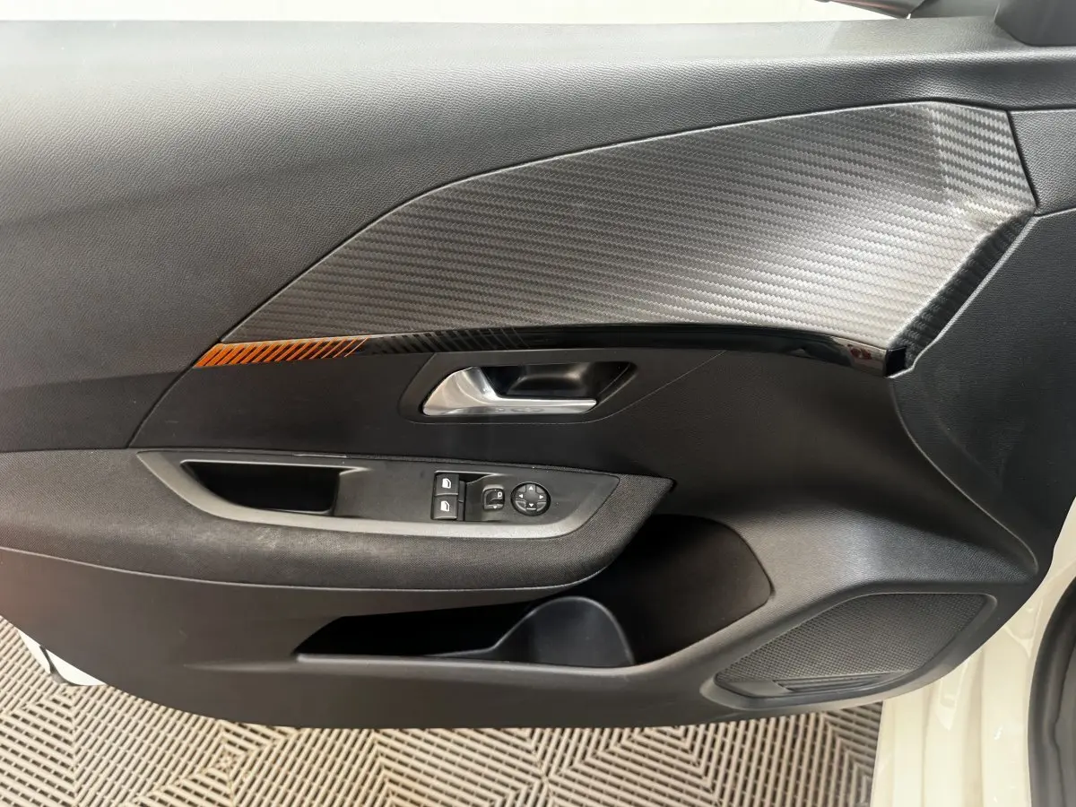 Vue intérieure côté gauche de la porte avant d'une Peugeot 208 blanche avec insert carbone et commandes électriques.