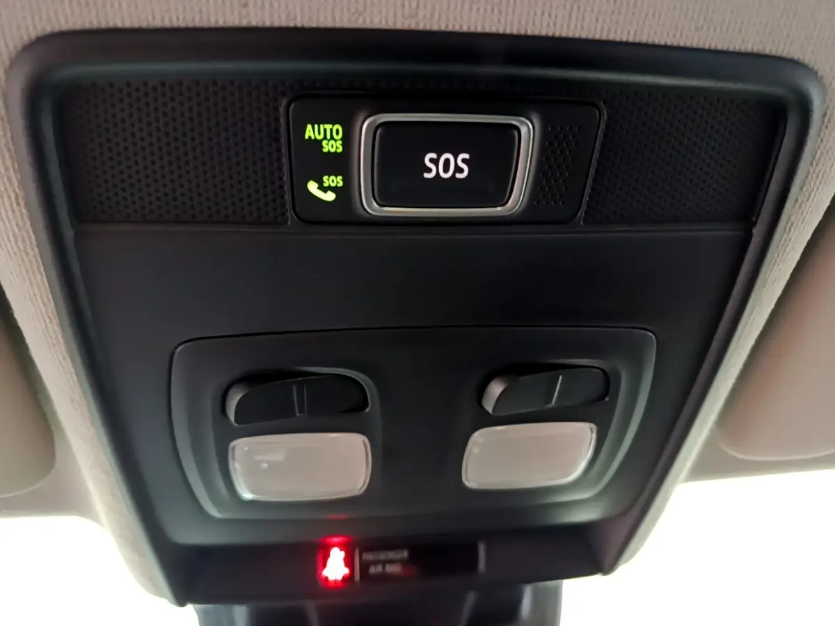 Vue en gros plan du plafonnier intérieur noir avec bouton SOS et éclairages de la Renault Clio Business Blue dCi 85 blanche 2020.