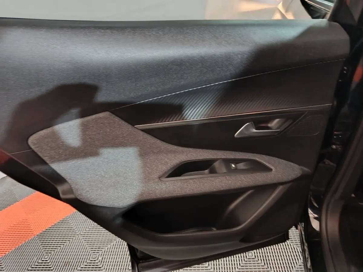 Gros plan sur la porte intérieure côté gauche du Peugeot 3008 2020, avec habillage noir et gris texturé.