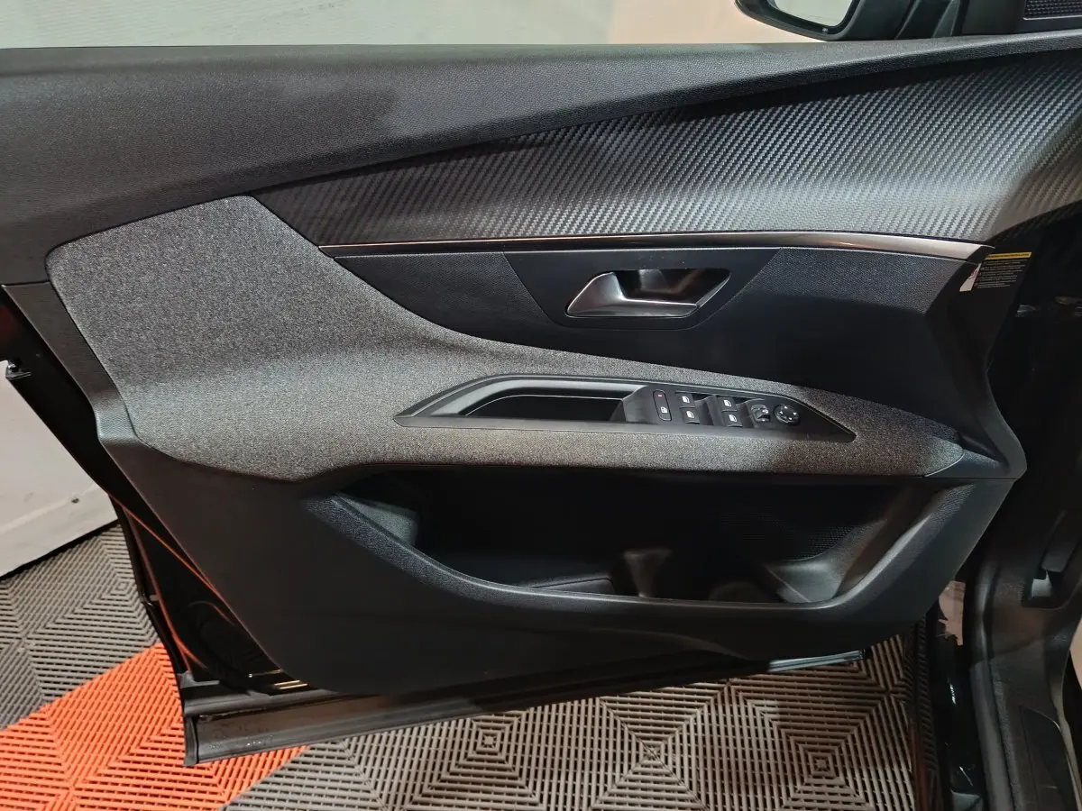 Vue rapprochée de la porte avant gauche du Peugeot 3008 2020, avec garniture grise et commandes électriques.
