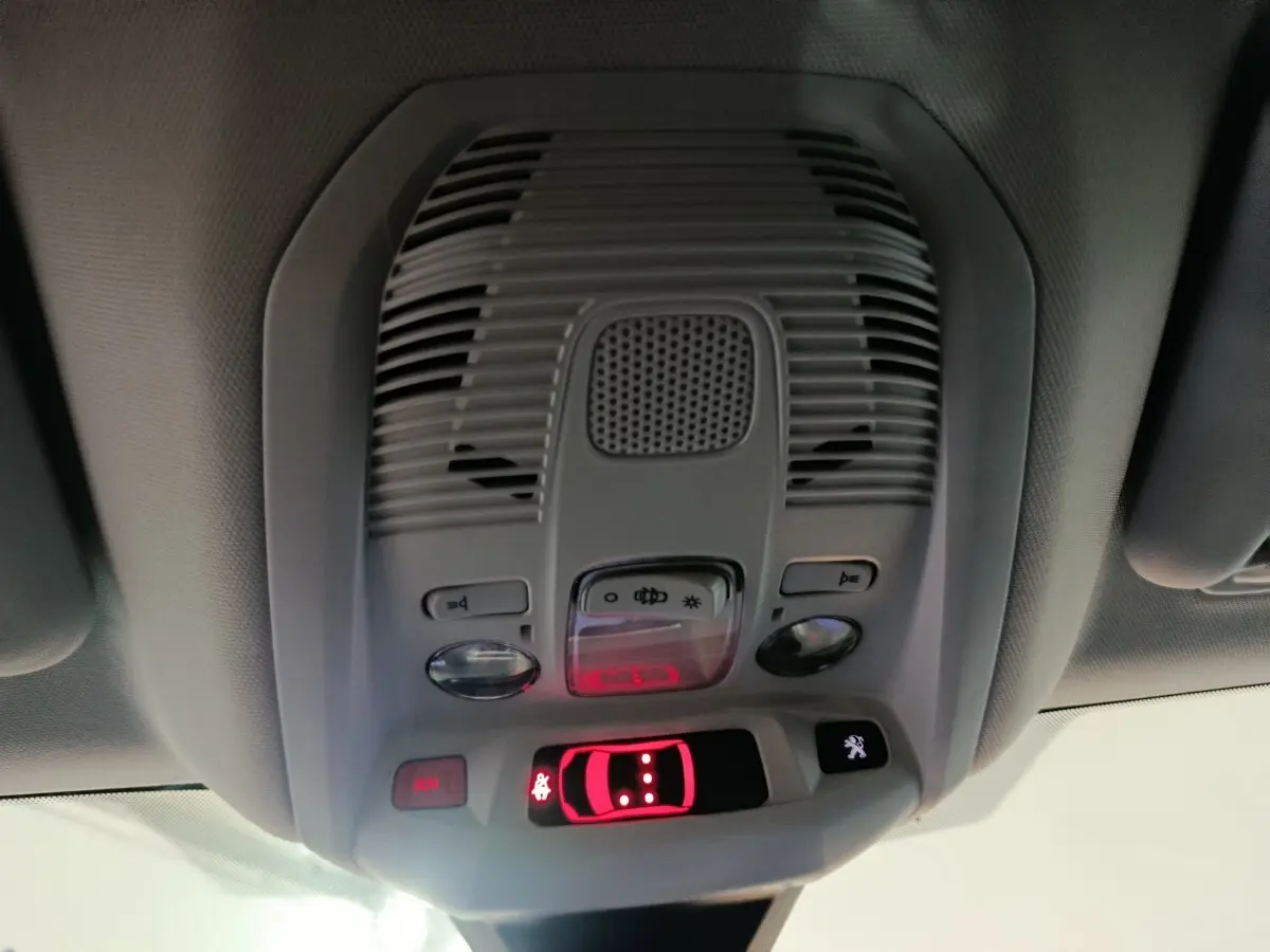 Vue en gros plan du plafonnier gris clair avec commandes d'éclairage et bouton SOS du Peugeot 3008 2020.
