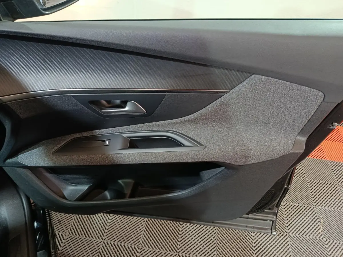 Vue rapprochée de la porte côté gauche du Peugeot 3008 2020 avec revêtement gris texturé et poignée noire.