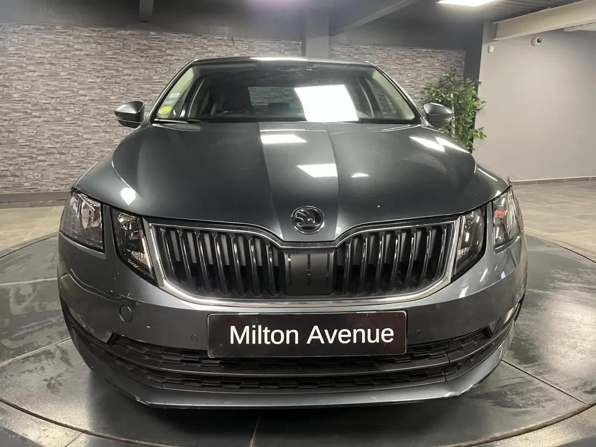 Vue frontale d'une Skoda Octavia gris métallisé avec calandre chromée et plaques Milton Avenue.
