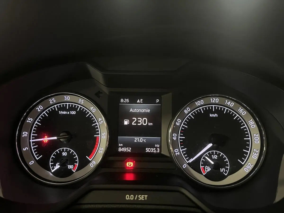 Tableau de bord numérique de Skoda Octavia gris 2020, affichant autonomie 230 km et compteurs ronds éclairés.