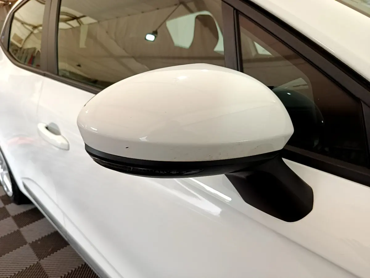 Rétroviseur côté gauche blanc de Renault Clio Business Blue dCi 85 2020, vue rapprochée sur porte et poignée.