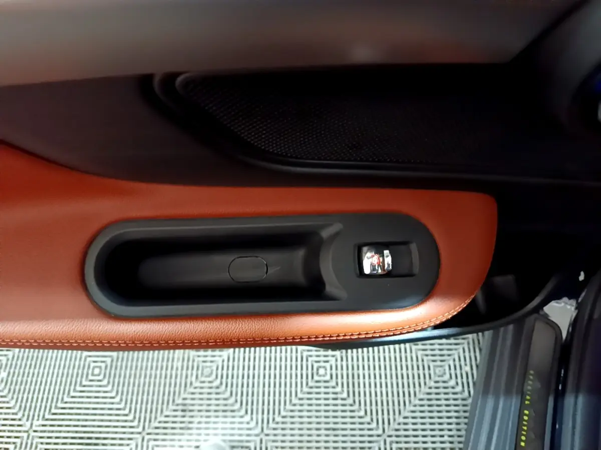 Poignée intérieure côté droit en cuir marron du MINI COUNTRYMAN Cooper SE 2021 avec bouton de verrouillage noir.