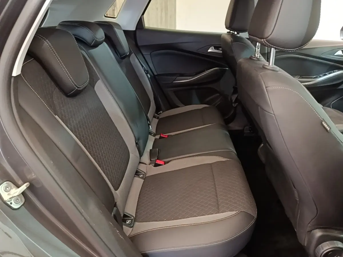 Vue latérale intérieure sur la banquette arrière gris foncé de l’Opel Grandland X avec appuie-têtes et ceintures visibles.