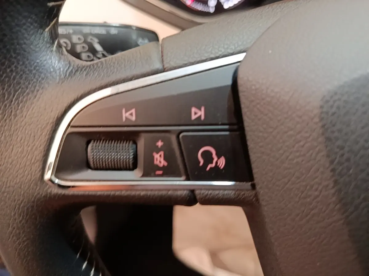 Gros plan sur les commandes vocales et audio au volant cuir noir du SEAT Arona gris clair 2019.