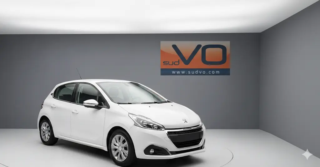 Peugeot 208 blanc vue 3/4 avant gauche dans un studio avec jantes classiques et phares antibrouillard visibles.