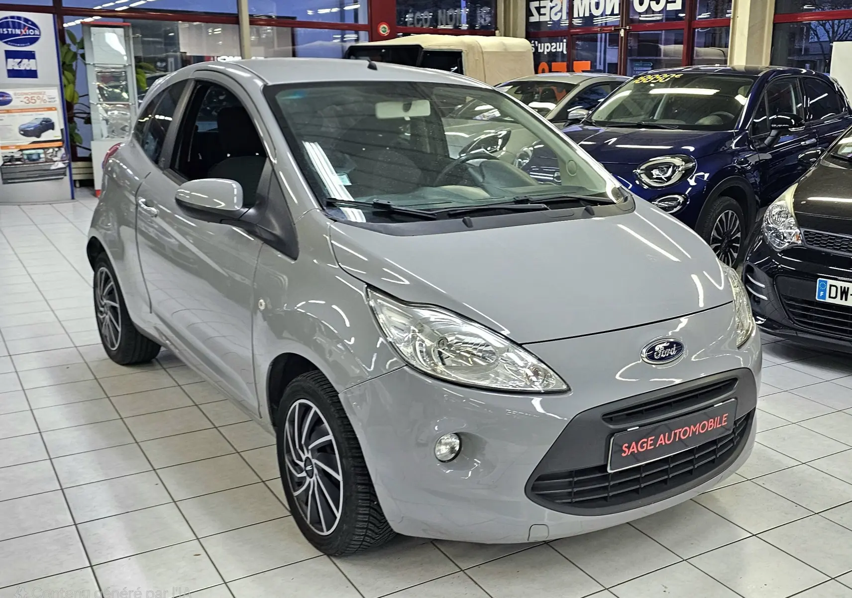Vue 3/4 avant droite d'une Ford KA+ gris clair exposée en showroom avec jantes alliage et calandre noire.