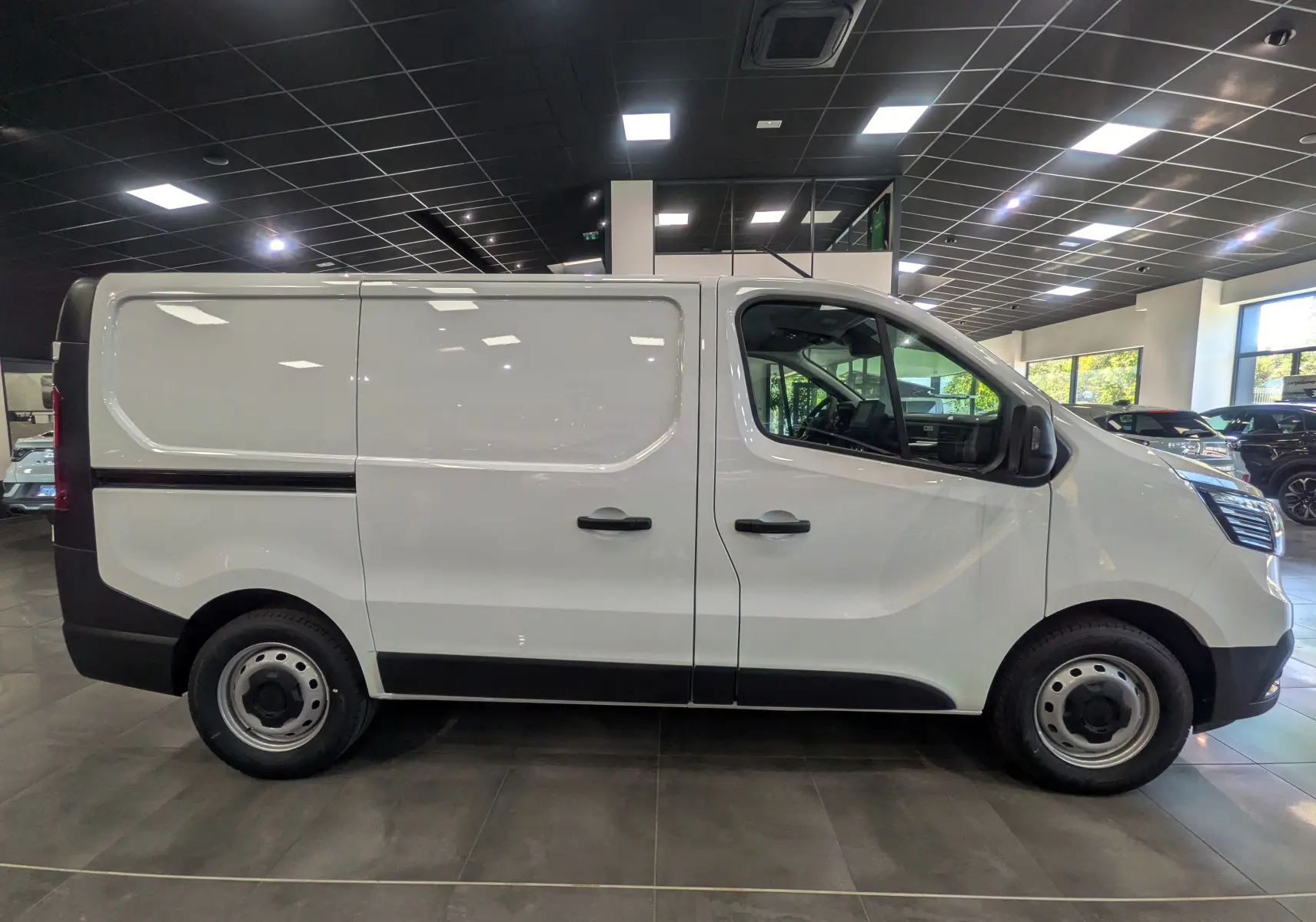 Renault Trafic Fourgon blanc glacier vu de profil côté gauche, avec jantes acier et poignées noires.