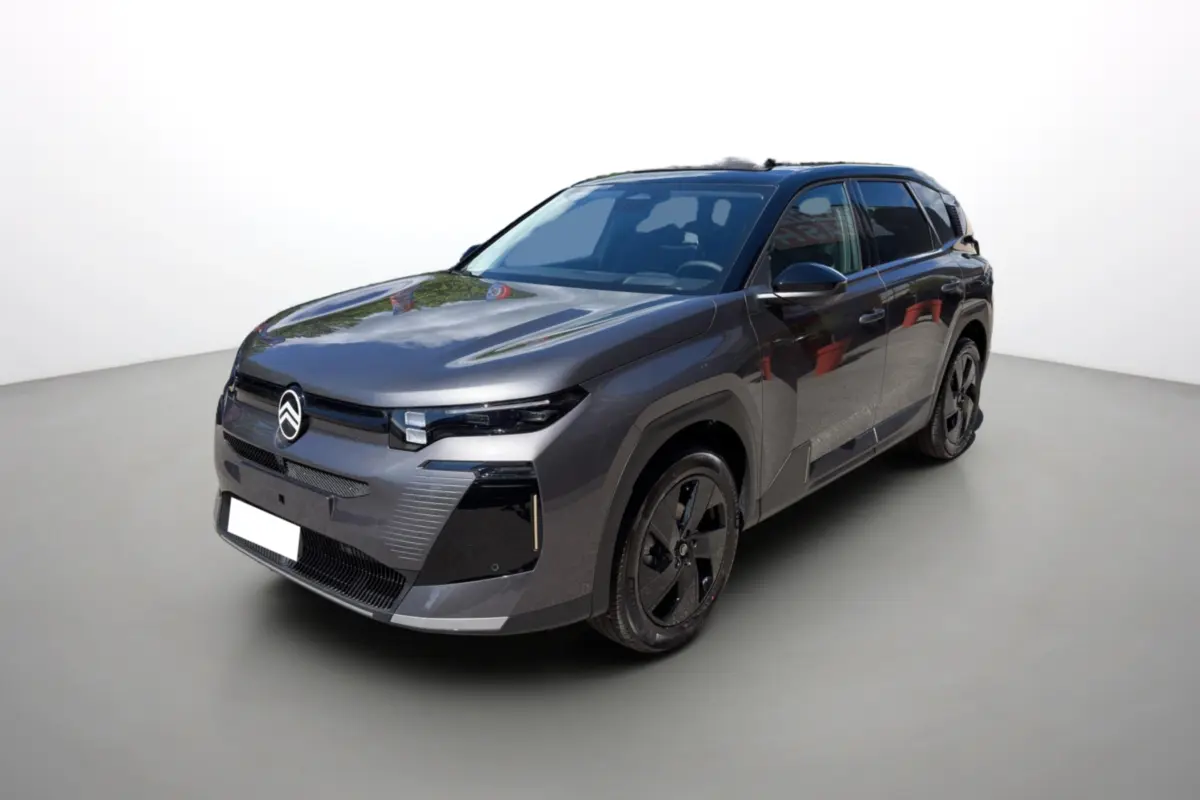Citroën C5 Aircross New Hybrid 145 Max T.O gris platinium avec toit noir, vue 3/4 avant droit sur fond neutre.