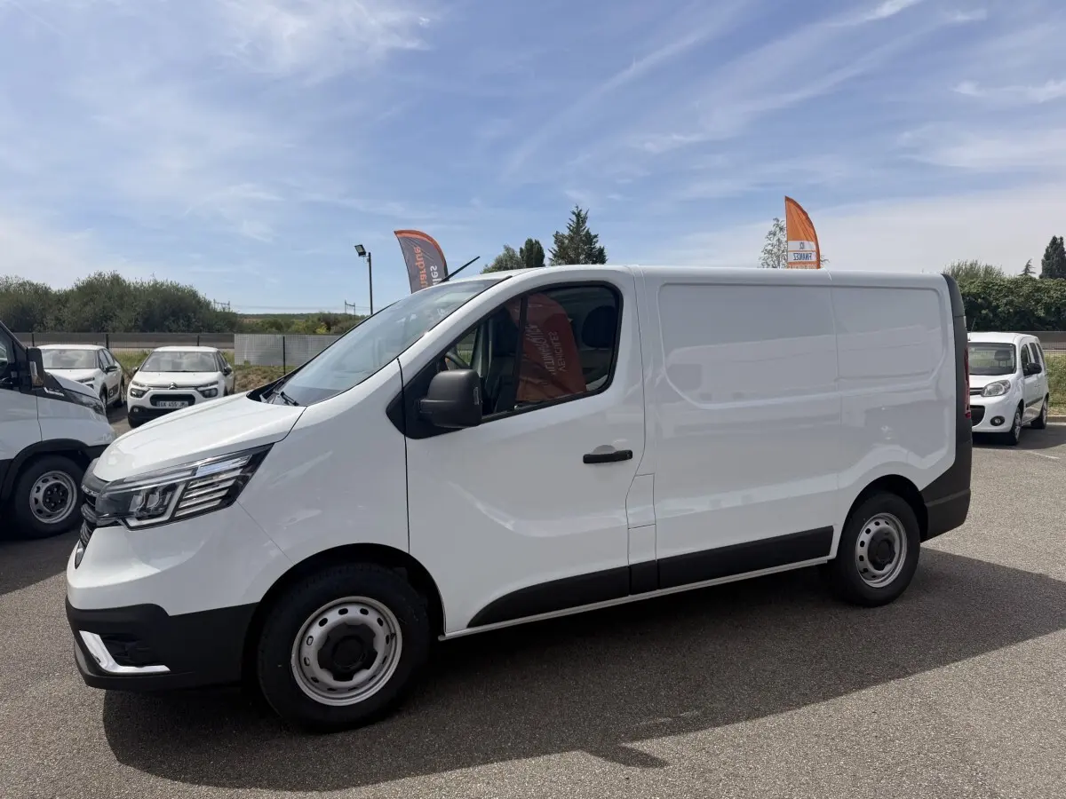 Renault Trafic Fourgon blanc vu de profil côté gauche, avec jantes acier et rétroviseurs noirs.