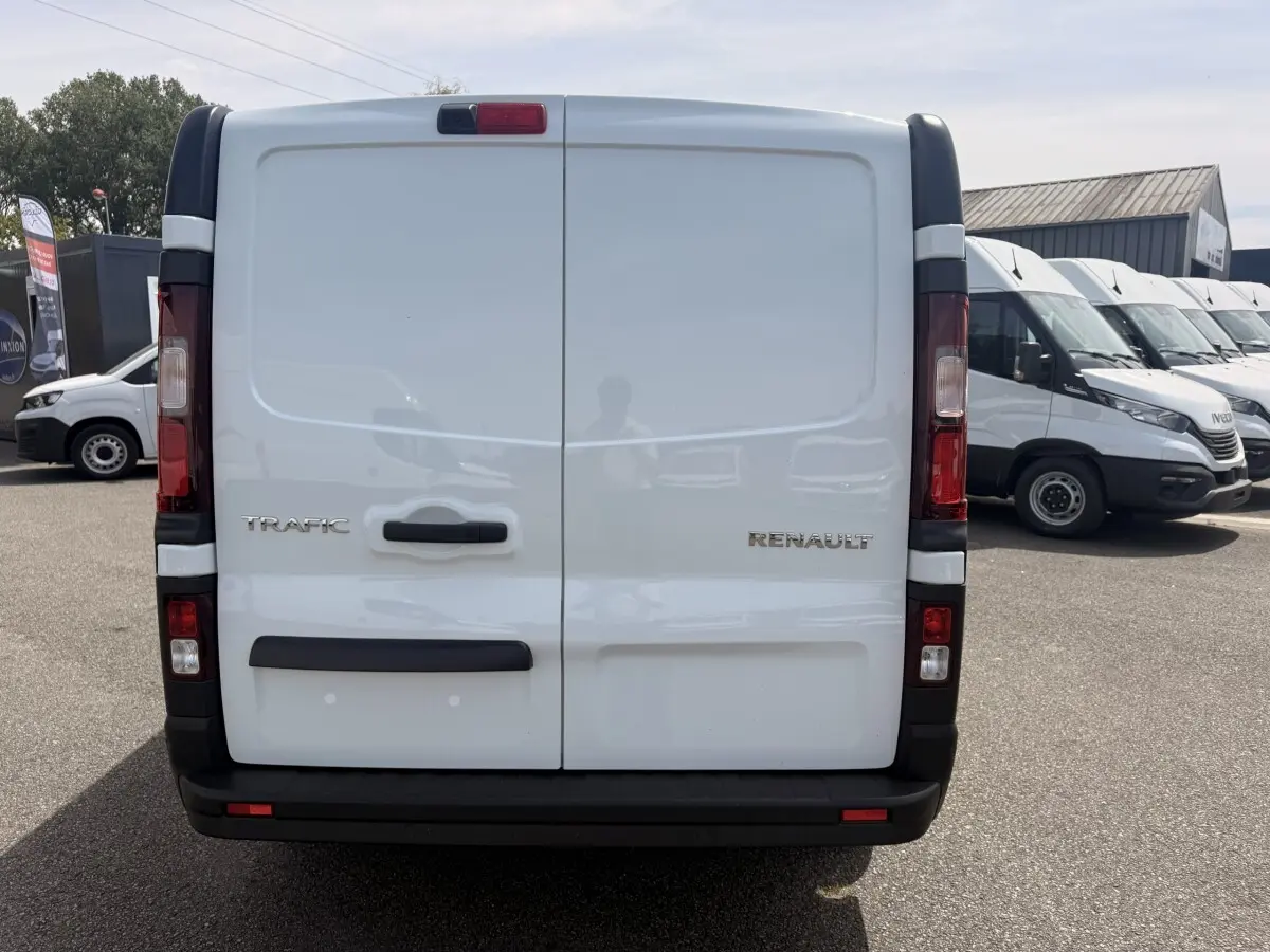 Vue arrière d'un Renault Trafic Fourgon blanc avec portes battantes et feux verticaux rouges.