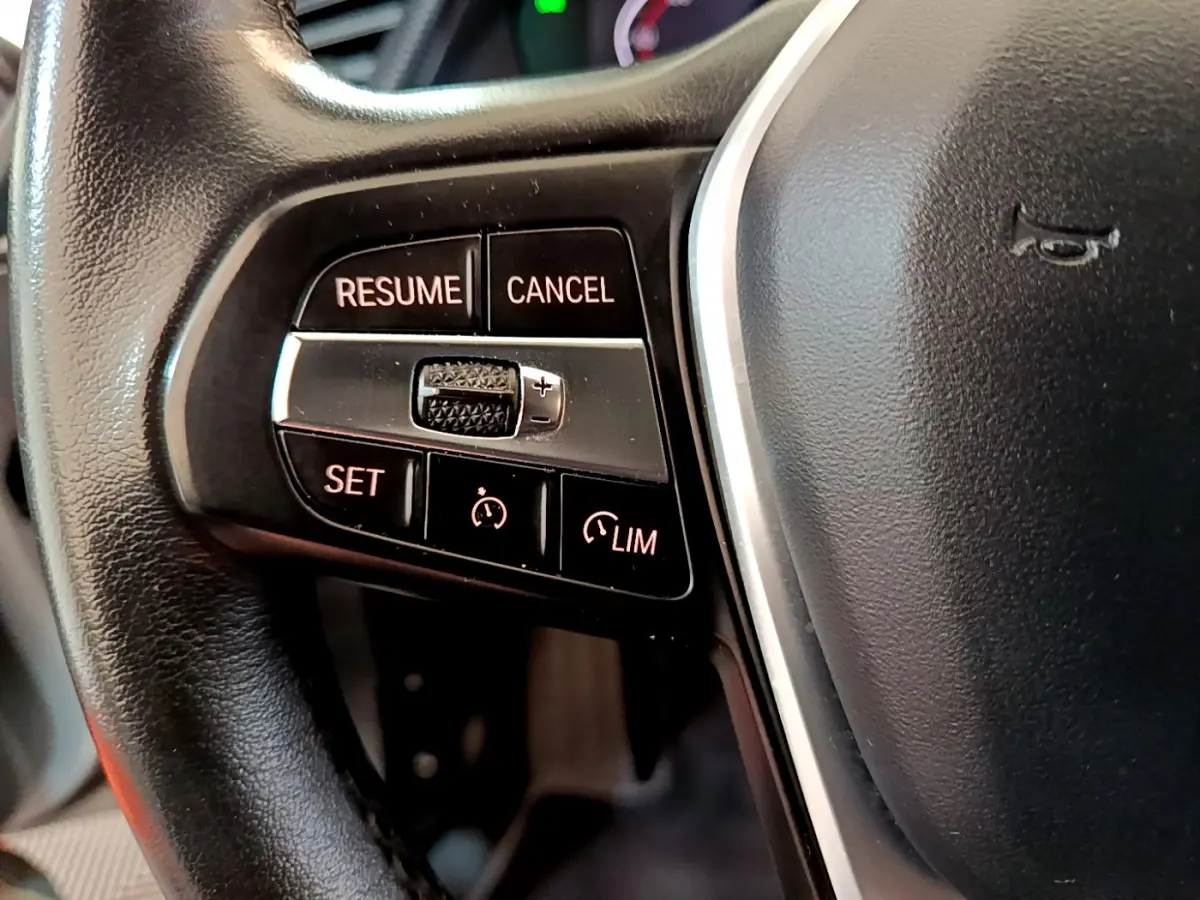 Gros plan sur les commandes de régulateur de vitesse au volant cuir noir de la BMW Série 1 gris clair.