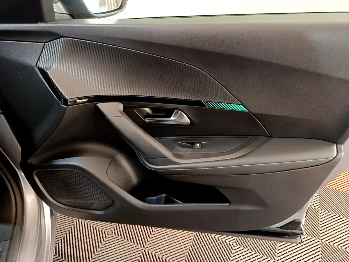 Vue rapprochée de la porte côté gauche du Peugeot 2008 gris clair, soulignant les finitions noires et le détail décoratif vert.