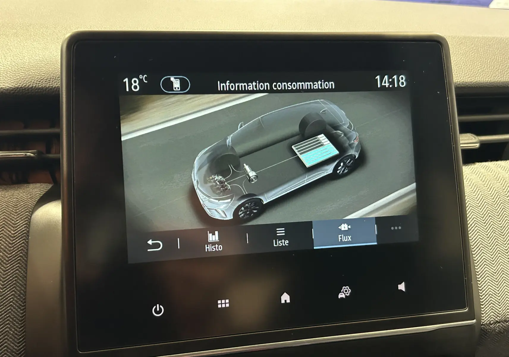 Écran tactile intérieur montrant la consommation et le flux d'énergie d'une Renault Clio V hybride.