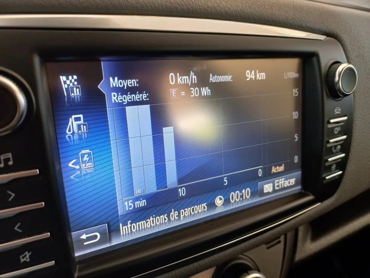 Écran tactile central affichant les données de parcours de la Toyota Yaris hybride, vue en gros plan intérieur.