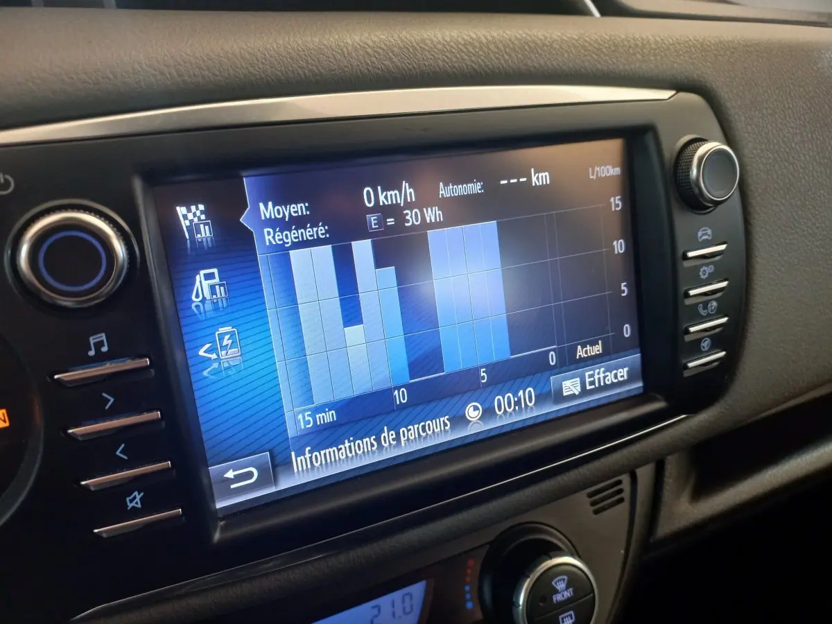 Écran tactile central affichant les données d'énergie et consommation dans l'habitacle d'une Toyota Yaris noire 2018.