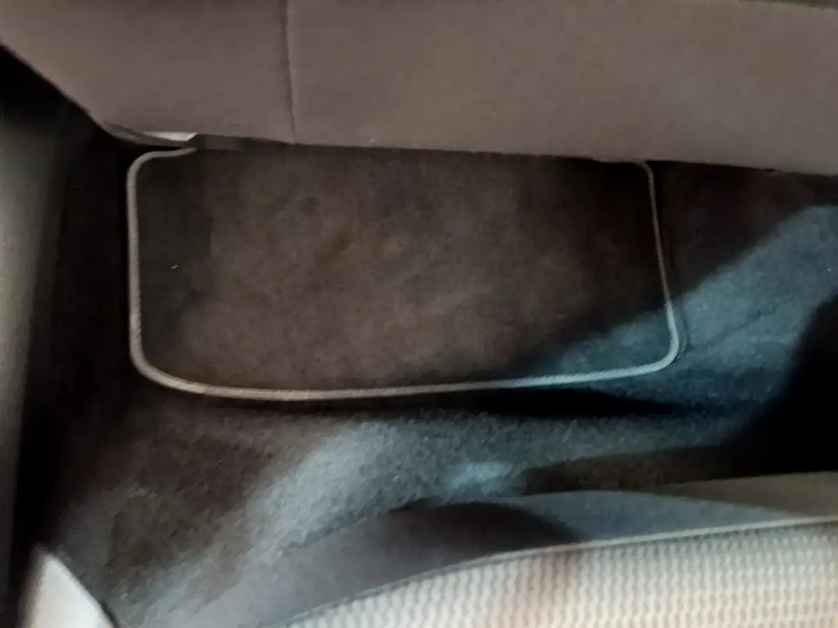 Tapis de sol noir côté passager arrière d'une Volkswagen Golf gris clair 2019, vue intérieure rapprochée.