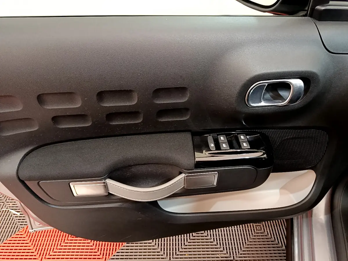 Intérieur côté conducteur de Citroën C3 gris clair 2019, panneau de porte avec commandes vitres et poignée design.
