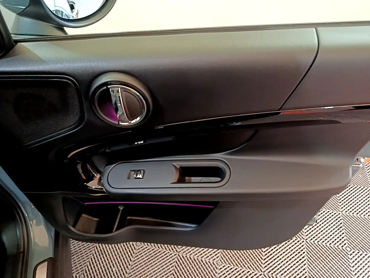 Vue rapprochée de la porte côté gauche du MINI Countryman vert avec éclairage d'ambiance violet et commandes électriques.