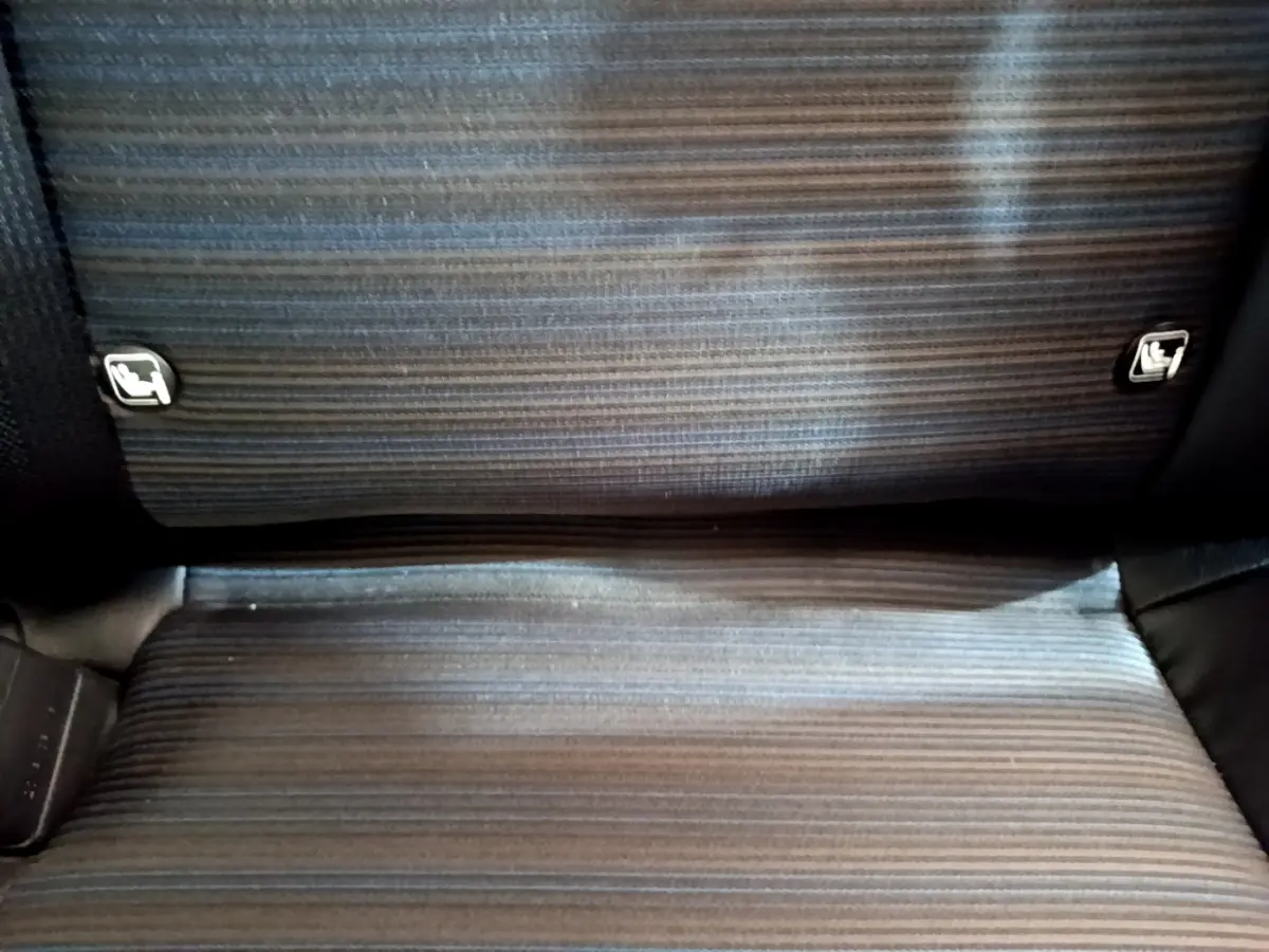 Gros plan sur la banquette arrière rayée grise et noire de la Nissan LEAF 62 kWh 217ch Business+ 2020.