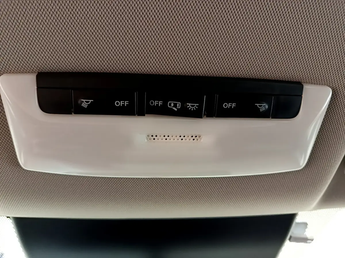 Panneau de commandes d'éclairage intérieur blanc fixé au plafond, avec quatre boutons noirs en position off, Nissan Leaf 2020.