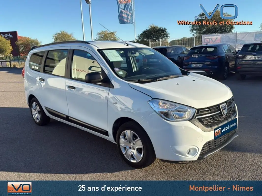 Vue 3/4 avant d'un Dacia Lodgy blanc avec barres de toit et jantes acier, stationné en extérieur par temps clair.
