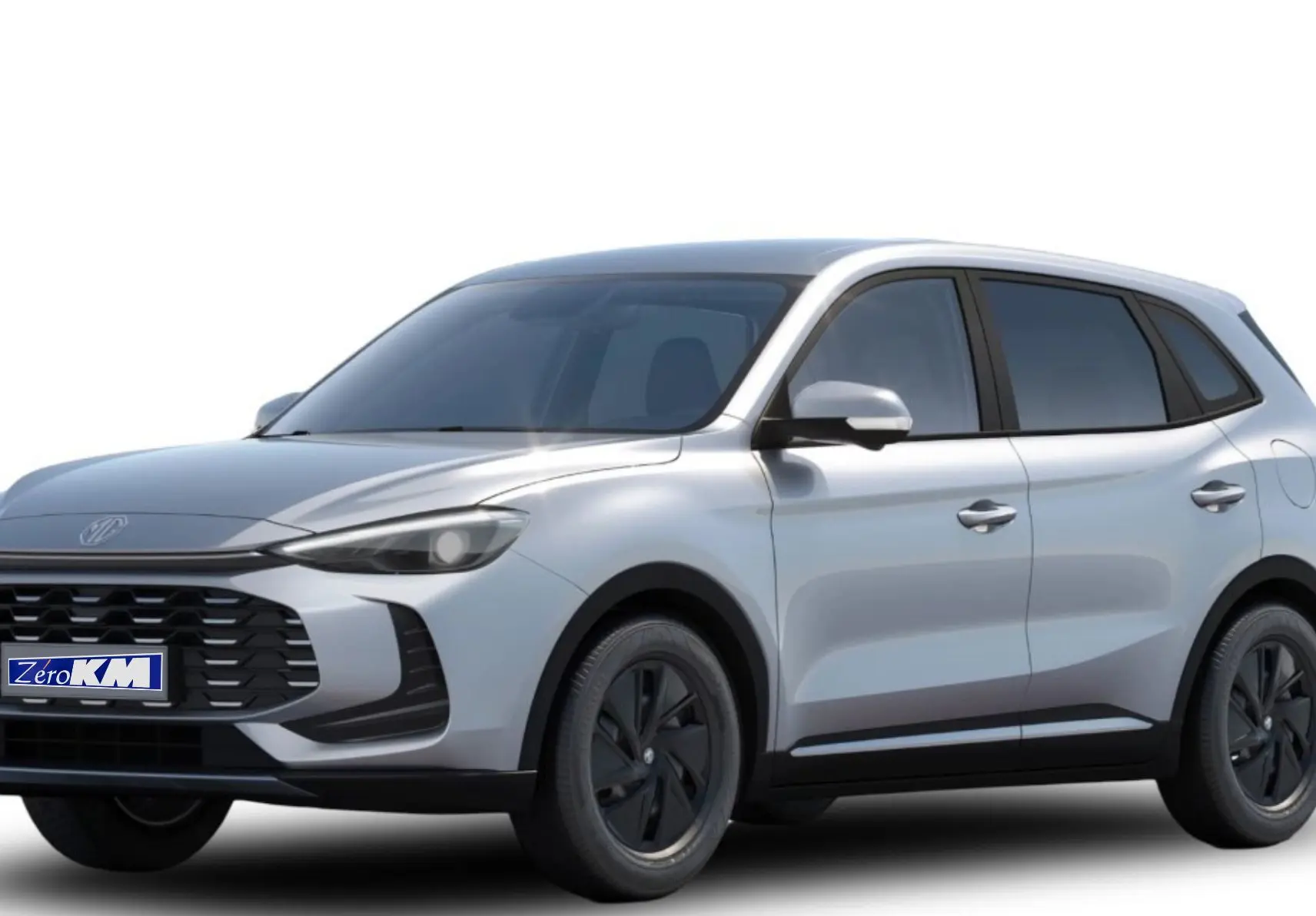 Vue intérieure côté conducteur du MG ZS 2025, sièges en tissu noir avec motif losanges et accoudoir central.