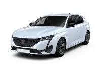 Peugeot 308 BlueHDi 130 blanc Okenite vue 3/4 avant, calandre noire distinctive et jantes foncées élégantes.