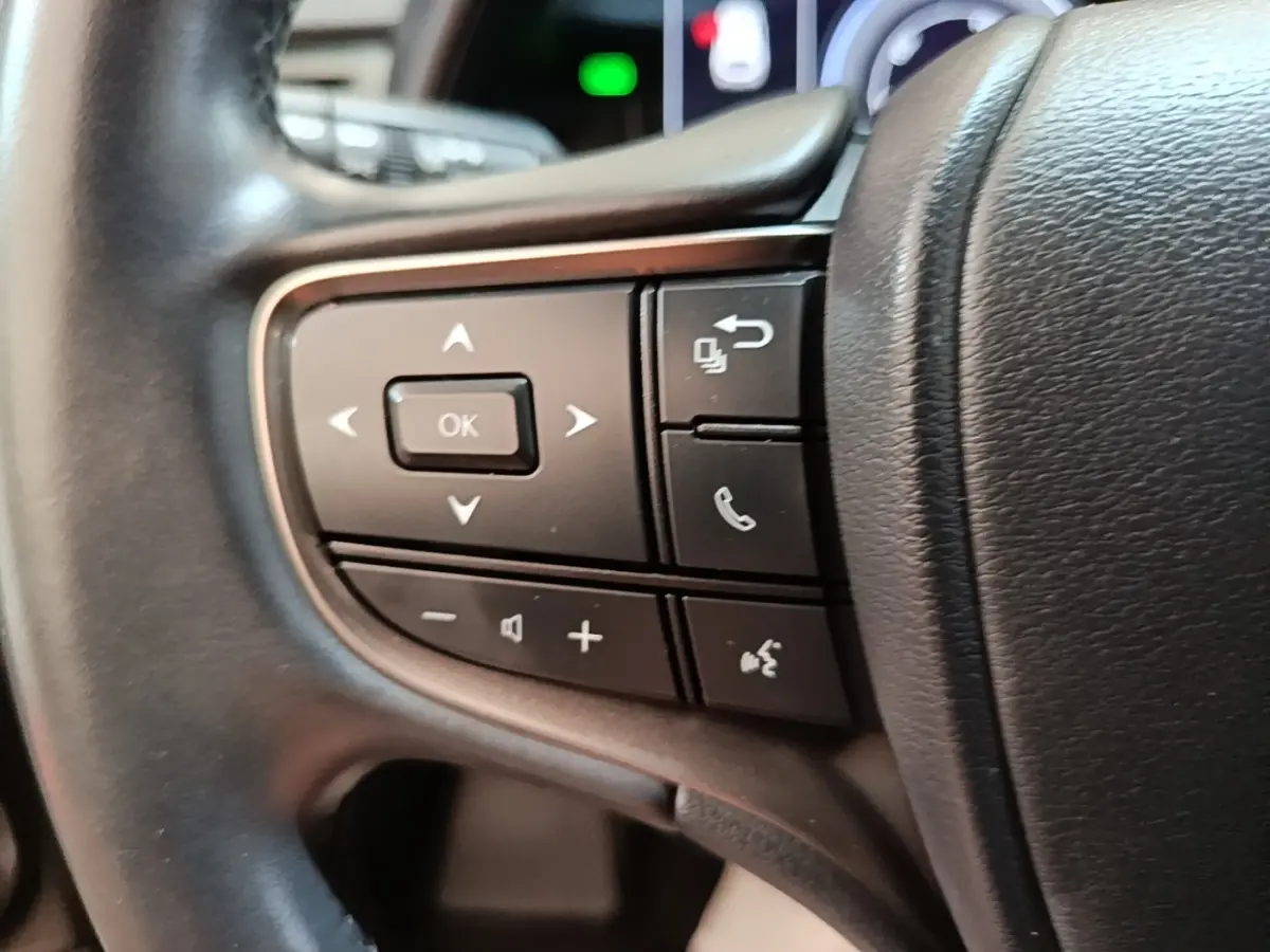 Gros plan sur les commandes multifonctions à gauche du volant cuir du Lexus UX 250H gris clair, intérieur visible flou.