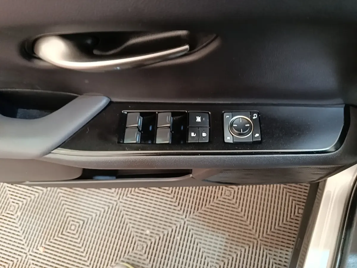 Vue rapprochée de la porte côté conducteur d’un Lexus UX 250H gris clair, avec commandes des vitres et rétroviseurs.