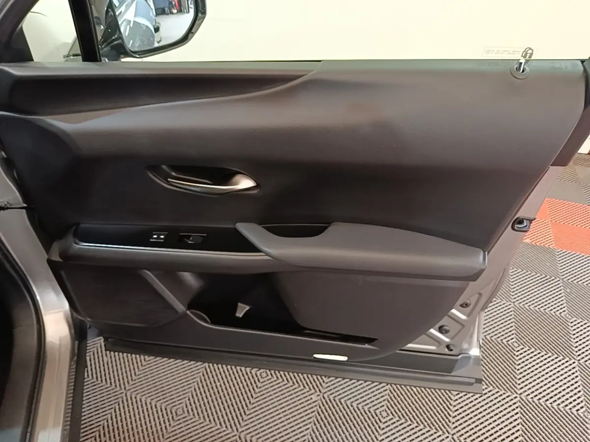 Vue intérieure de la porte avant gauche d’un Lexus UX 250H gris clair, avec commandes électriques et poignée intégrée.
