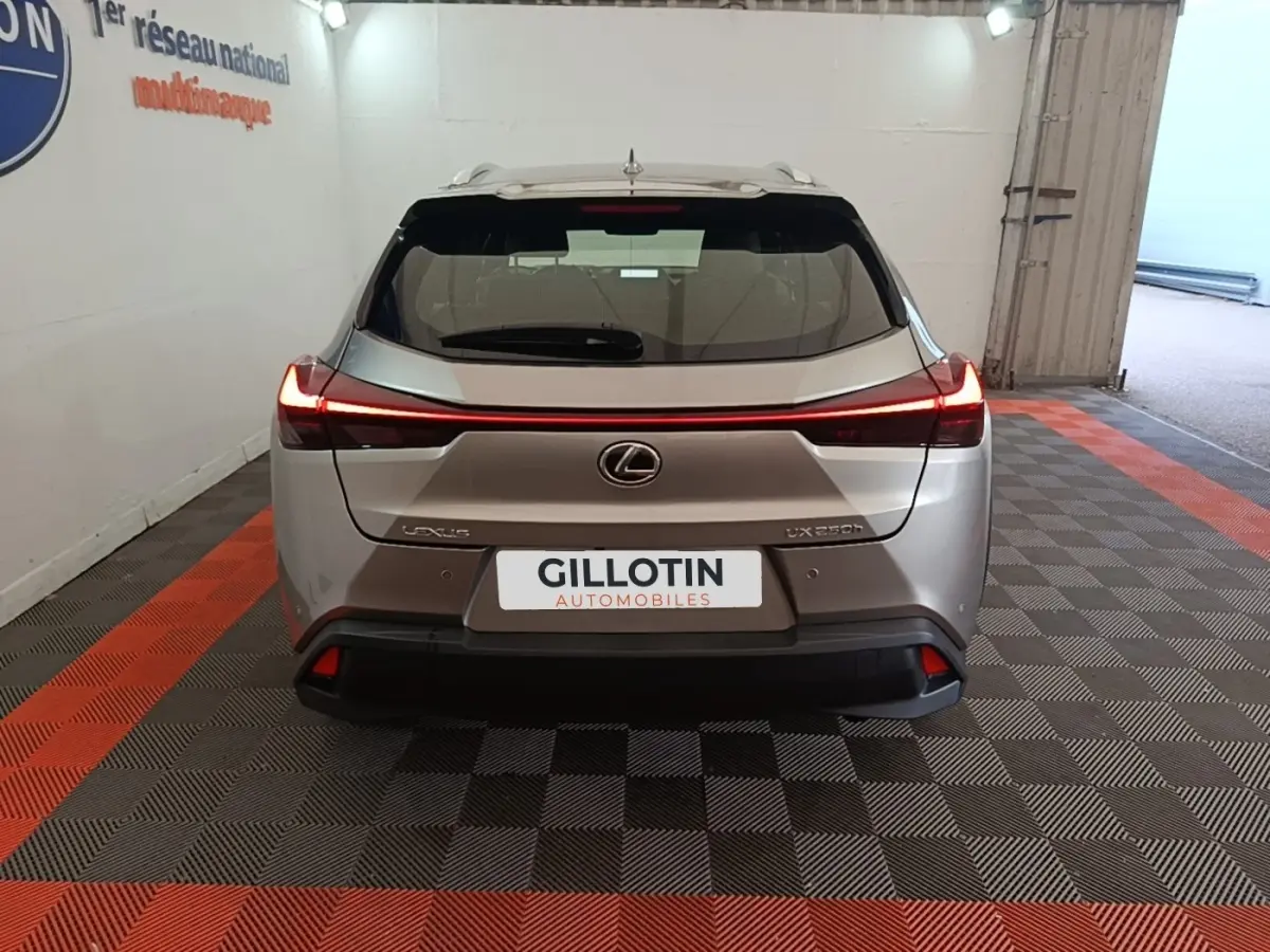 Vue arrière d'un Lexus UX 250H gris clair avec feux LED étirés et logo centré dans un garage.